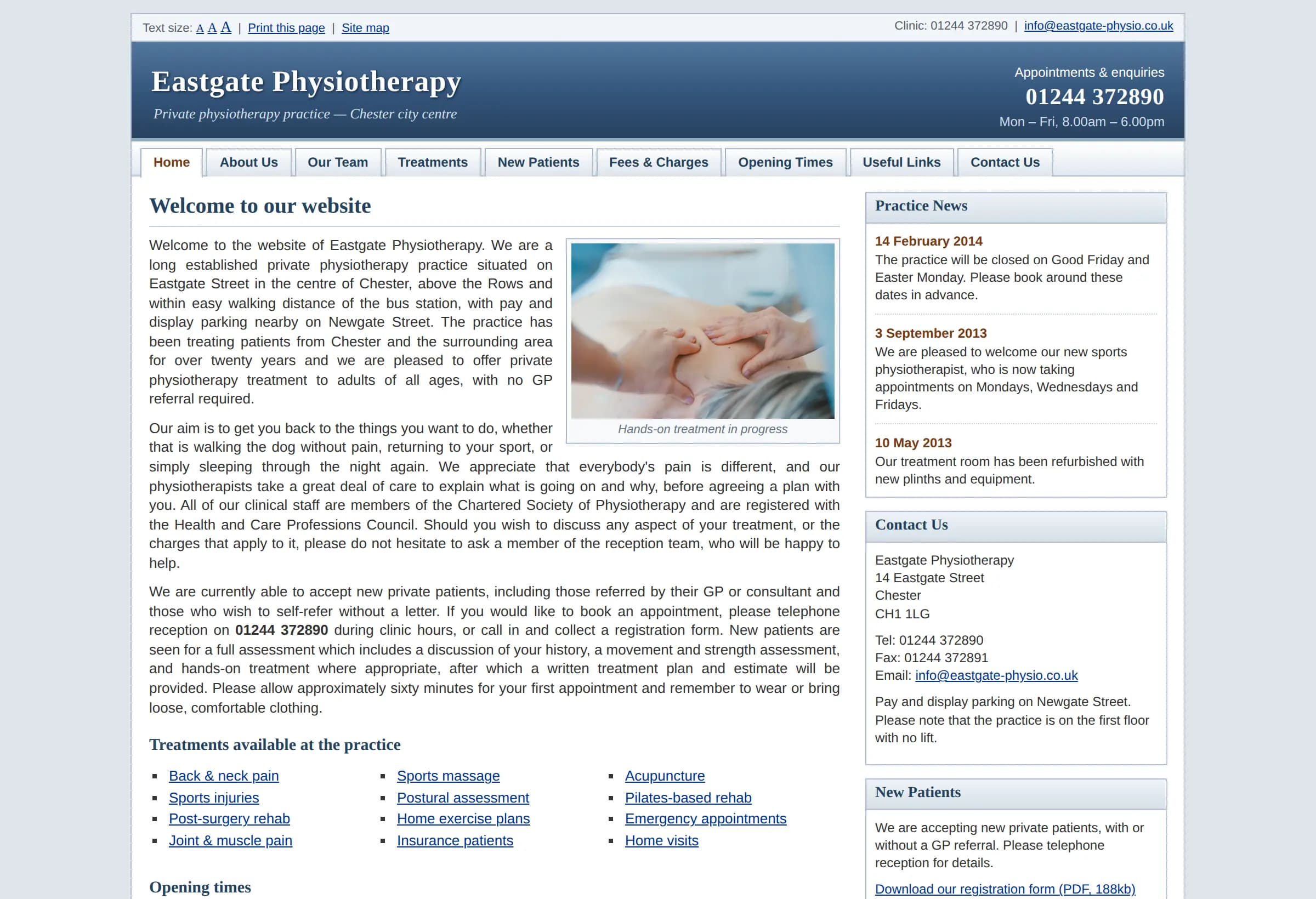 A typical small-business website from over a decade ago: small text, fixed narrow layout, table of opening times